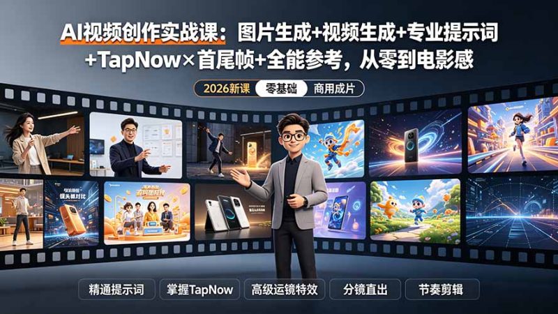 AI视频创作实战课:图片生成+视频生成+专业提示词+TapNow×首尾帧+全能参考,从零到电影感成片-紫橙项目网