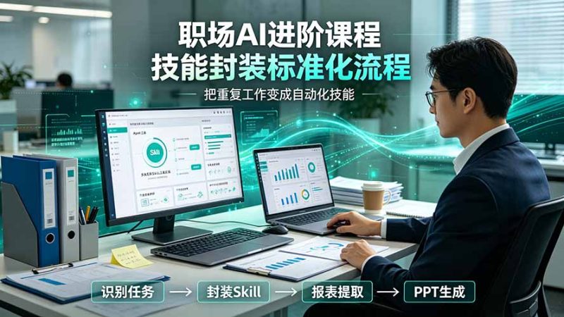 职场AI进阶课程;多类实用Skill工具实操,专属技能封装标准化流程,报表行业报告一键提取核心内容-紫橙项目网