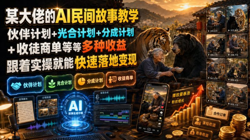 某大佬的AI民间故事教学,伙伴计划+光合计划+分成计划+收徒商单等多种收益,跟着实操就能快速落地变现-紫橙项目网