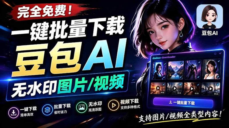 Github最新发布!一键批量下载豆包AI无水印图片/视频,简单易用,自动解析提示词,doubao-downloader-紫橙项目网