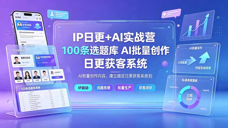 IP日更+AI实战营:IP置顶视频制作×100条选题库搭建×10条日更规划,AI批量创作内容,建立稳定日更获客系统-紫橙项目网