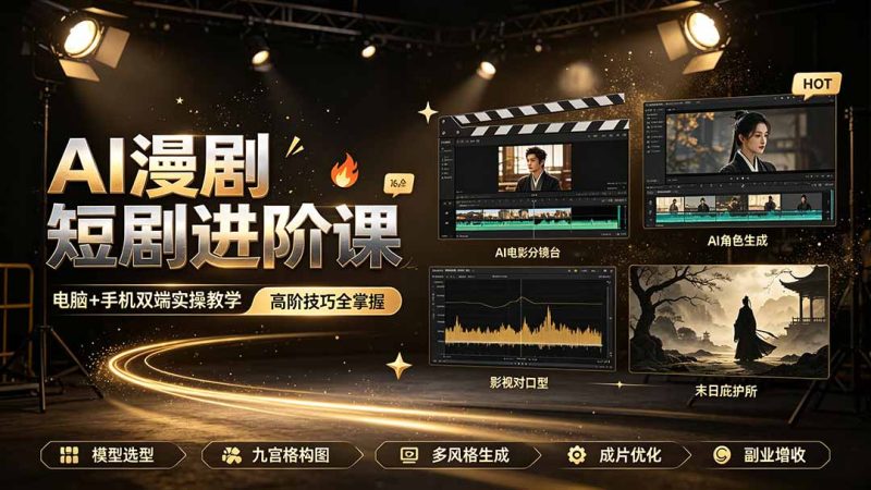 AI漫剧短剧进阶课|电脑+手机双端实操教学|影视剧对口型人物吃瓜×解压末日庇护所全程讲解,高阶技巧全掌握-紫橙项目网
