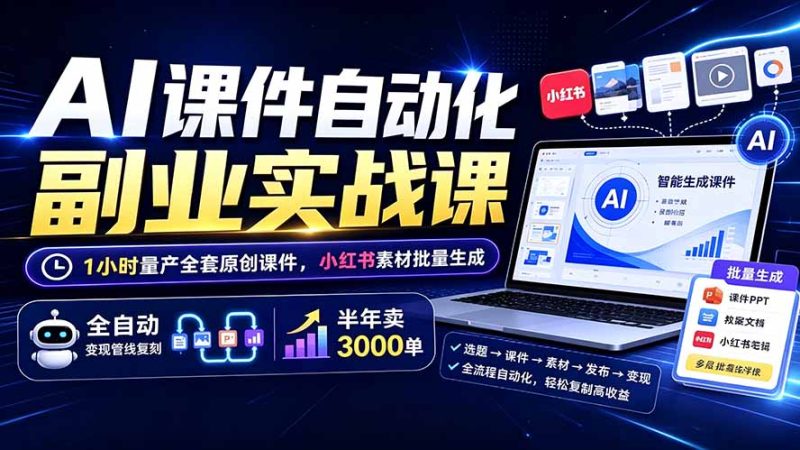 AI课件自动化副业实战课:1小时量产全套原创课件×小红书素材批量生成×全自动变现管线×半年卖3000单-紫橙项目网
