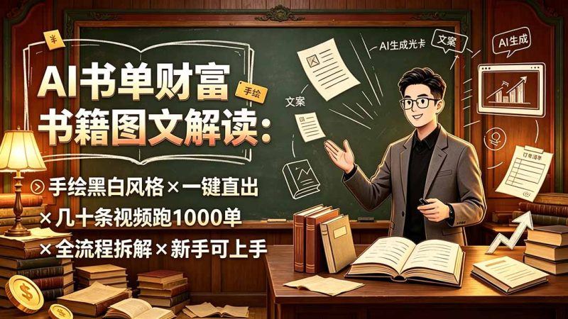 AI书单财富书籍图文解读:手绘黑白风格×一键直出×几十条视频跑1000单×全流程拆解×新手可上手-紫橙项目网