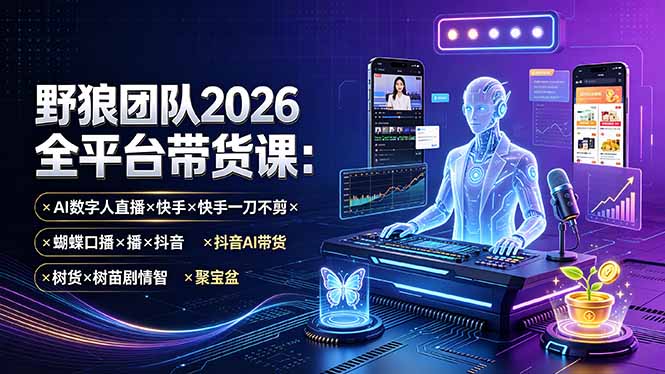 野狼团队2026全平台带货课-7月:AI数字人直播×快手一刀不剪×蝴蝶口播×抖音AI带货×树苗剧情智剪×聚宝盆-紫橙项目网