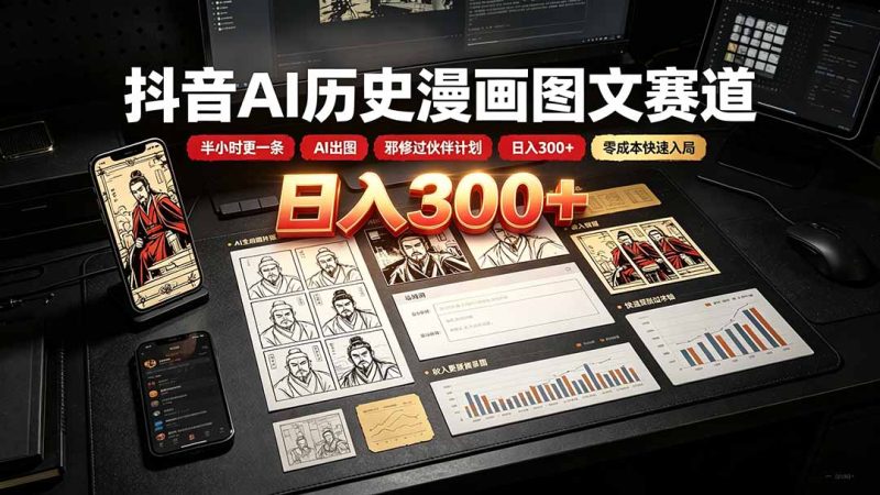 抖音AI历史漫画图文赛道:半小时更一条×AI出图×邪修过伙伴计划×日入300+,零成本快速入局-紫橙项目网