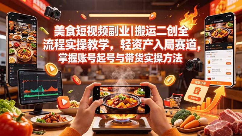 美食短视频副业|搬运二创全流程实操教学,轻资产入局赛道,掌握账号起号与带货实操方法-紫橙项目网
