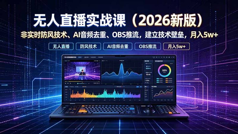 无人直播实战课(更新7月),非实时防风技术、AI音频去重、OBS推流,建立技术壁垒,月入5w+-紫橙项目网