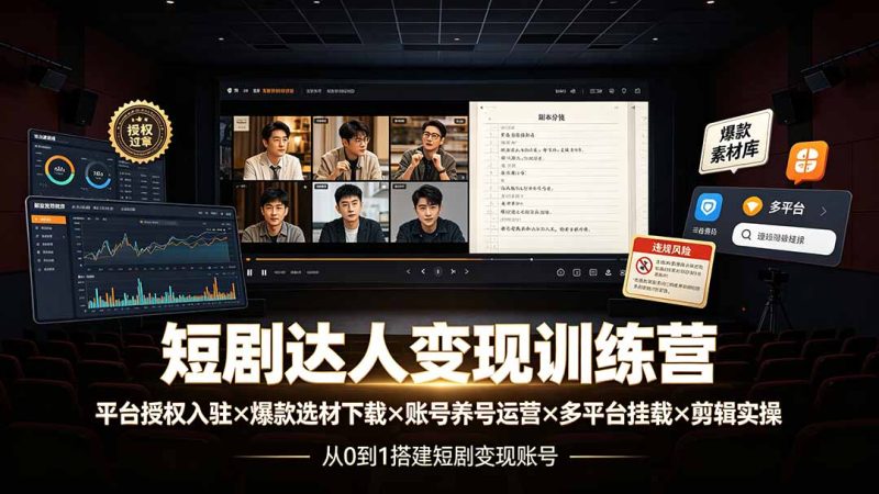 短剧达人变现训练营:平台授权入驻×爆款选材下载×账号养号运营×多平台挂载×剪辑实操×违规处理全流程-紫橙项目网