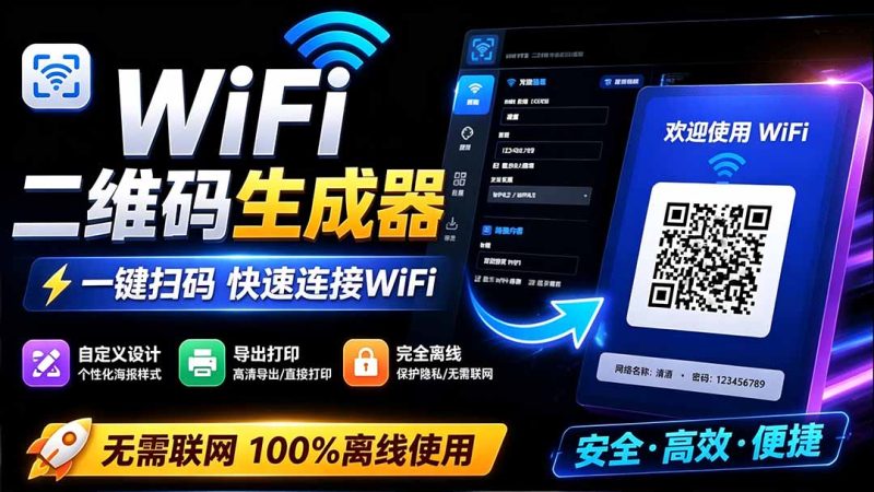 完全离线使用!WiFi二维码生成器,一键扫码快速连接WiFi,支持自定义风格导出 WiFi二维码生成器-紫橙项目网