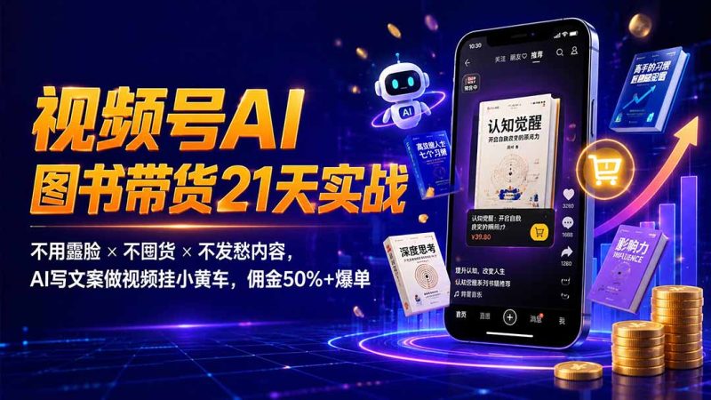 繁花视频号AI图书带货21天实战:不用露脸×不囤货×不发愁内容,AI写文案做视频挂小黄车,佣金50%+爆单-紫橙项目网