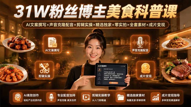 31W粉丝博主美食科普课:AI文案撰写×声音克隆配音×剪辑实操×精选独家×零实拍×全套素材×成片变现-紫橙项目网