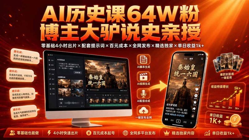 AI历史课64W粉博主大驴说史亲授:零基础4小时出片×配套提示词×百元成本×全网发布×精选独家×单日收益1k+-紫橙项目网