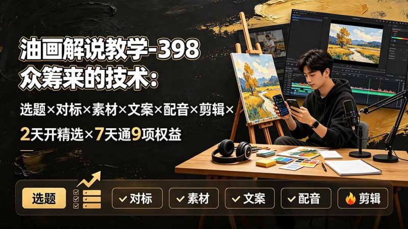 油画解说教学-398众筹来的技术-刯新:选题×对标×素材×文案×配音×剪辑×2天开精选×7天通9项权益-紫橙项目网