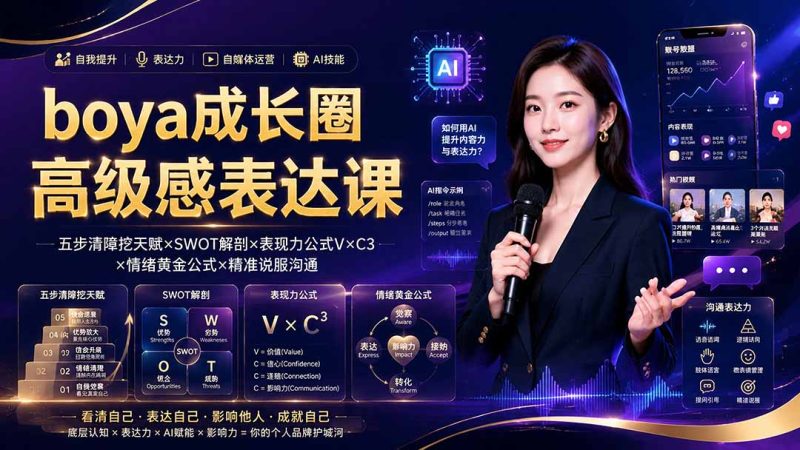 boya成长圈|内心成长高级表达AI自媒体三合一,消解内耗挖掘天赋,镜头沟通AI指令短视频全流程教学-紫橙项目网