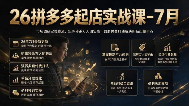 26拼多多起店实战课-7月|市场调研定位赛道,矩阵秒杀万人团实操,强弱付费打法解决新品起量卡点-紫橙项目网