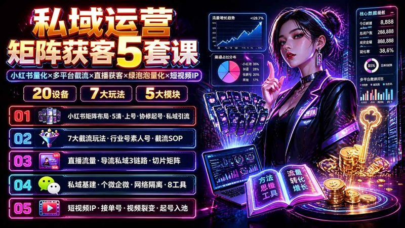 私域运营矩阵获客5套课:小红书量化×多平台截流×直播获客×绿泡泡量化×短视频IP×20设备×7大玩法-紫橙项目网