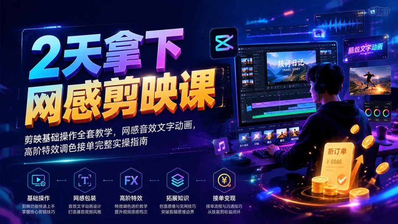 2天拿下网感剪辑课|剪映基础操作全套教学,网感音效文字动画,高阶特效调色接单完整实操指南-紫橙项目网