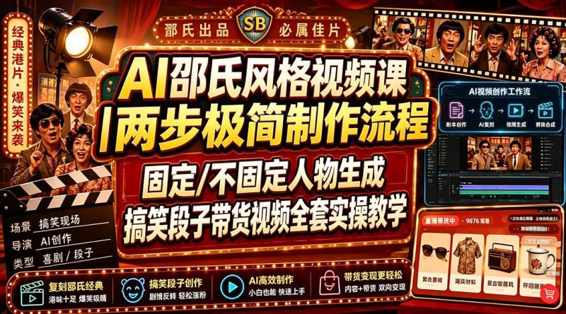 AI邵氏风格视频课|两步极简制作流程,固定/不固定人物生成,搞笑段子带货视频全套实操教学-紫橙项目网
