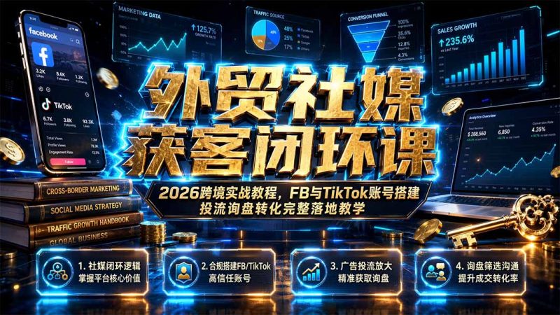 外贸社媒获客闭环课|2026跨境实战教程,FB与TikTok账号搭建投流询盘转化完整落地教学-紫橙项目网