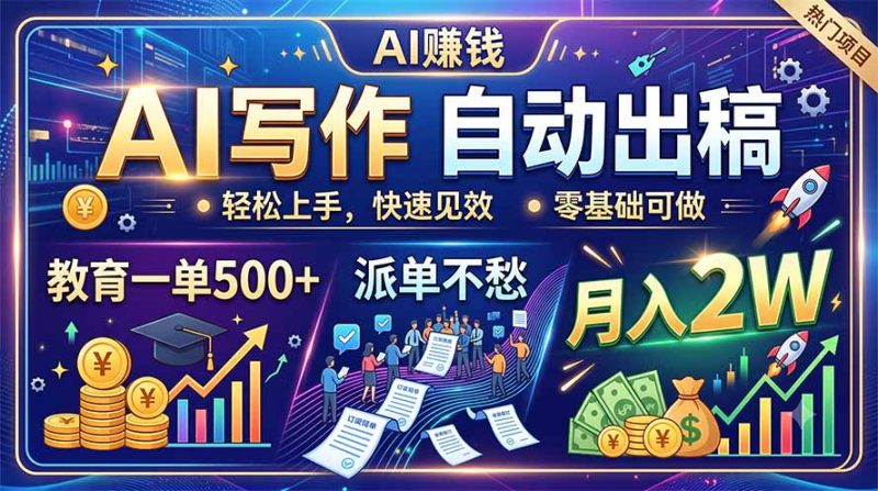 AI写作自动出稿,教育一单500+,派单不愁,月入2W-紫橙项目网