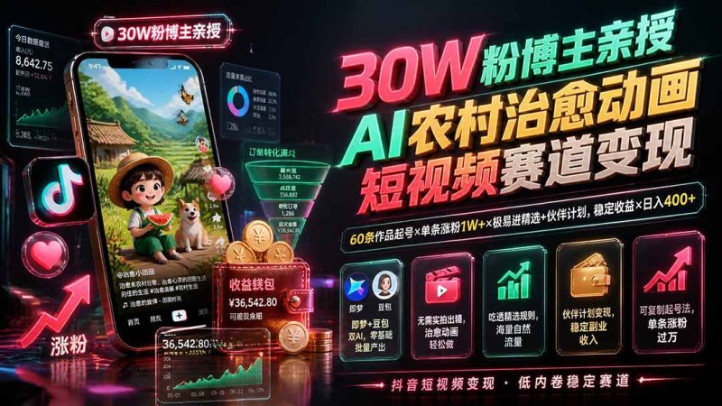 30W粉博主亲授AI农村治愈动画短视频赛道变现:60条作品起号×单条涨粉1W+×极易进精选+伙伴计划,稳定收益×日入400+-紫橙项目网