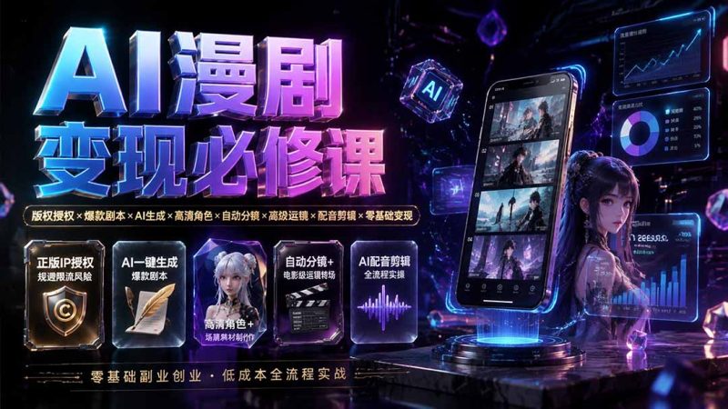 AI漫剧变现必修课：版权授权×爆款剧本×AI生成×高清角色×自动分镜×高级运镜×配音剪辑×零基础变现-紫橙项目网