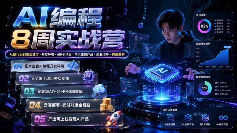 AI编程8周实战营：从敲代码到变现交付×开发环境×6练手项目×两大主线产品×商业闭环×跨越盈利-紫橙项目网