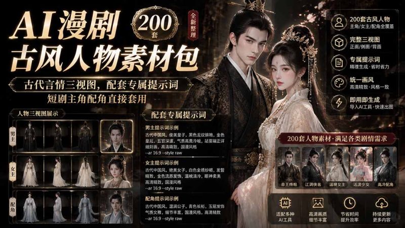 AI漫剧古风人物素材包+提示词｜200 套古代言情三视图，配套专属提示词短剧主角配角直接套用-紫橙项目网