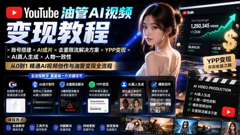 YouTube油管AI视频变现教程：账号搭建×AI成片×去重限流解决方案×YPP变现×AI真人生成×人物一致性-紫橙项目网