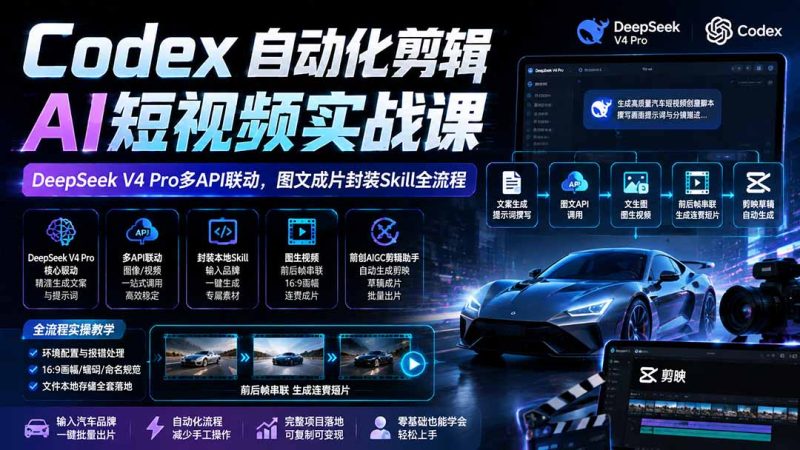 Codex自动化剪辑AI短视频实战课｜DeepSeek V4 Pro多API联动，图文成片封装Skill全流程-紫橙项目网