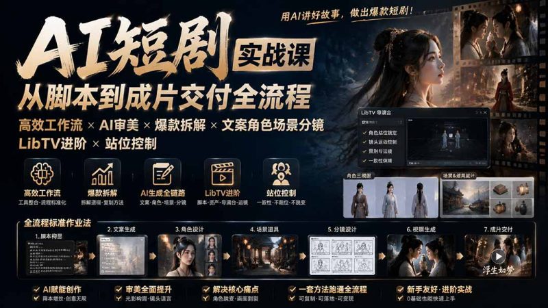 AI短剧实战课:高效工作流×AI审美×爆款拆解×文案角色场景分镜×LibTV进阶×站位控制×从脚本到成片交付全流程-紫橙项目网