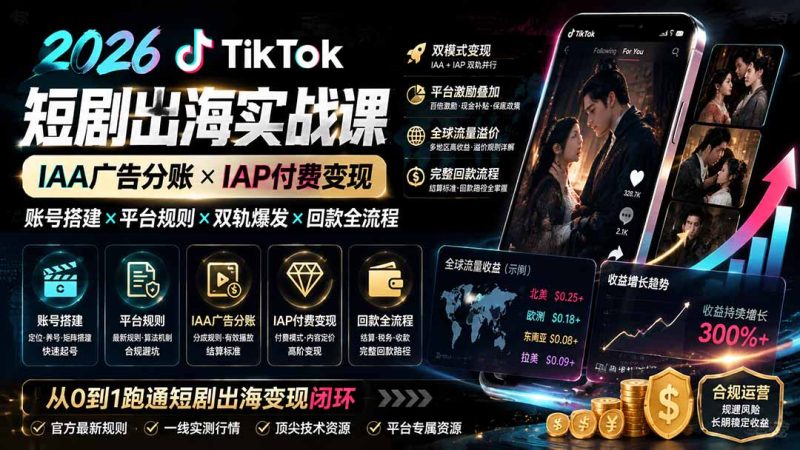 2026TikTok短剧出海实战课:IAA广告分账×IAP付费变现×账号搭建×平台规则×双轨爆发×回款全流程-紫橙项目网
