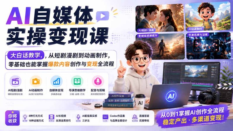 AI自媒体实操变现课|大白话教学,从短剧漫剧到动画制作,零基础也能掌握爆款内容创作与变现全流程-紫橙项目网