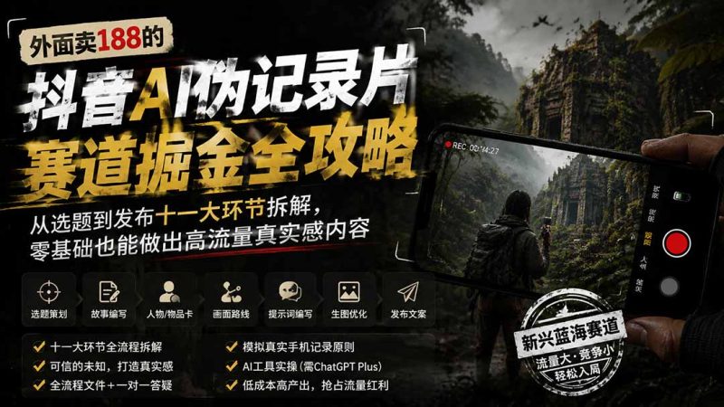外面卖188的抖音AI伪记录片赛道掘金全攻略-更新;从选题到发布十一大环节拆解,零基础也能做出高流量真实感内容-紫橙项目网