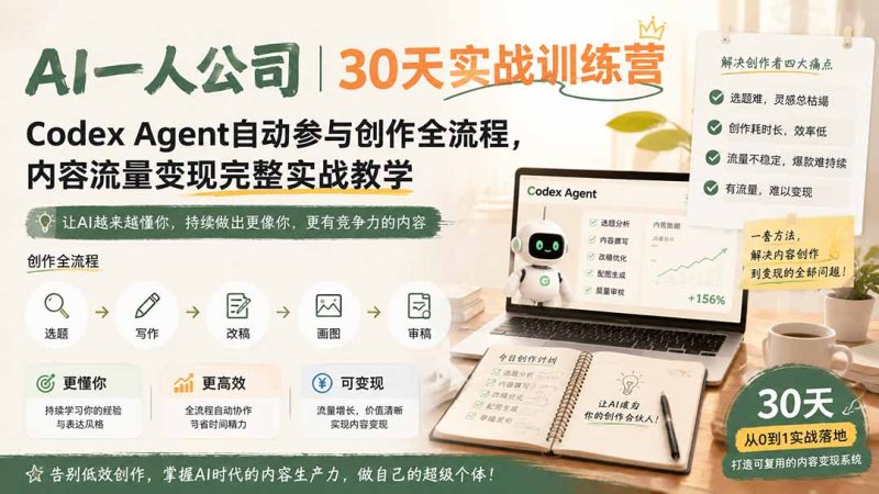 AI一人公司|30天实战训练营;Codex Agent自动参与创作全流程,内容流量变现完整实战教学 - 中创网