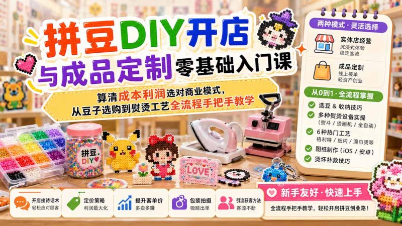 拼豆DIY开店与成品定制零基础入门课;算清成本利润选对商业模式,从豆子选购到熨烫工艺全流程手把手教学-紫橙项目网