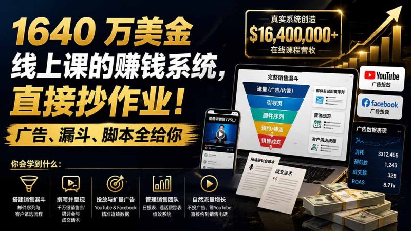 1640 万美金线上课的赚钱系统,直接抄作业!广告、漏斗、脚本全给你【原创双语字幕】-紫橙项目网