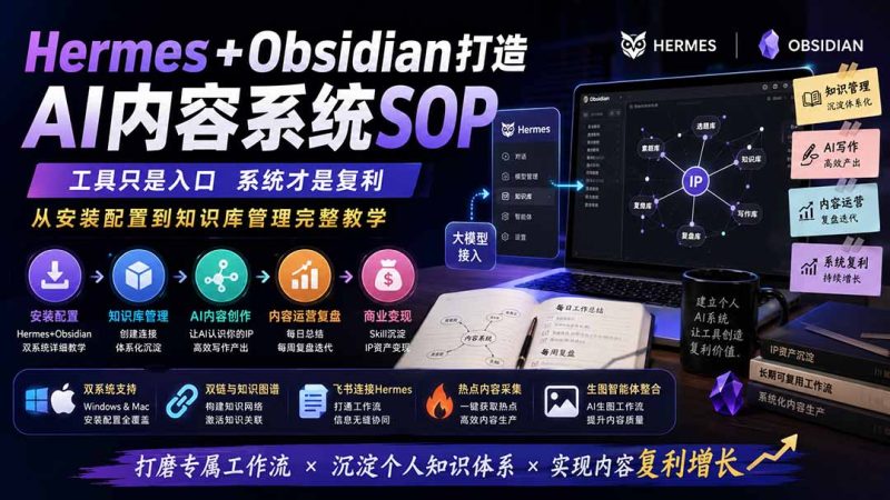 Hermes+Obsidian打造AI内容系统SOP;工具只是入口系统才是复利,从安装配置到知识库管理完整教学-紫橙项目网