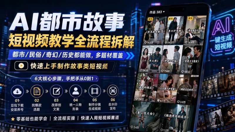 AI都市故事短视频教学全流程拆解;都市/民俗/奇幻/历史都能做多题材覆盖,快速上手制作故事类短视频-紫橙项目网