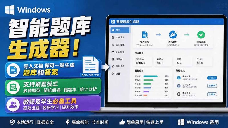 Windows 智能题库刷题软件!导入文档一键生成题库和答案,并支持刷题模式,教师及学生必备工具 原创-紫橙项目网
