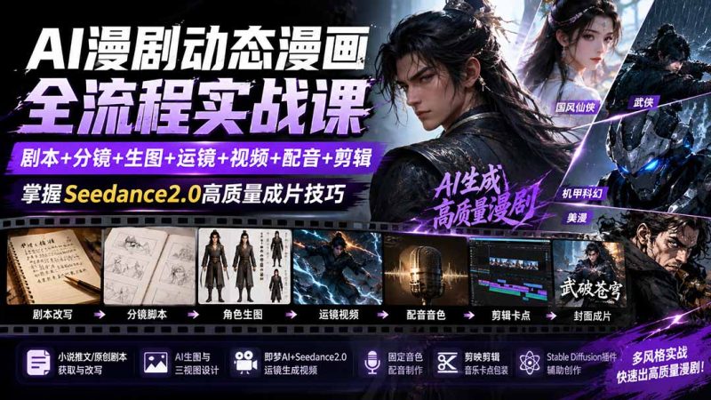 AI漫剧动态漫画全流程实战课：剧本+分镜+生图+运镜+视频+配音+剪辑，掌握Seedance2.0高质量成片技巧-紫橙项目网