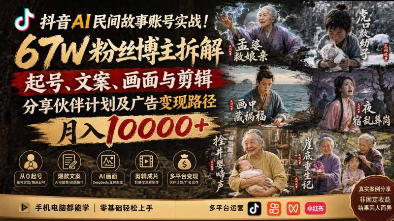 抖音AI民间故事账号实战!67W粉丝博主拆解起号、文案、画面与剪辑,分享伙伴计划及广告变现路径,月入10000+-紫橙项目网