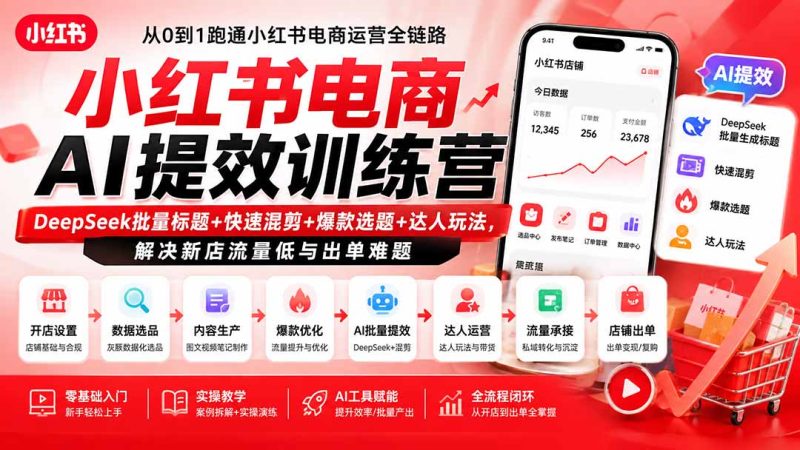 小红书电商AI提效训练营—DeepSeek批量标题+快速混剪+爆款选题+达人玩法,解决新店流量低与出单难题-紫橙项目网