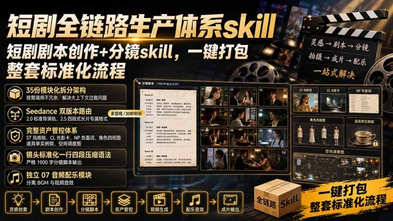 短剧全链路生产体系skill,短剧剧本创作+分镜skill,一键打包,整套标准化流程-紫橙项目网