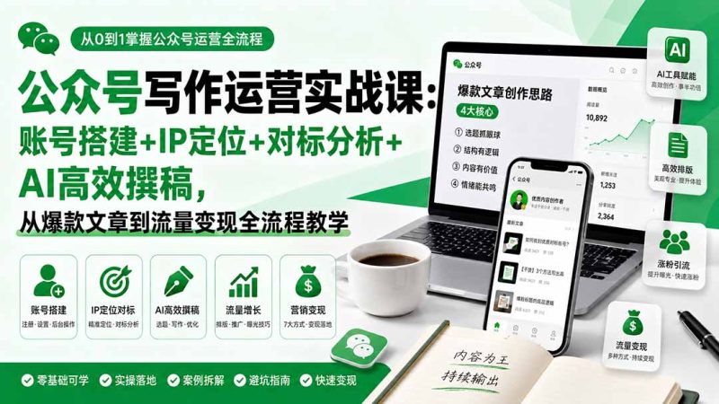 公众号写作运营实战课:账号搭建+IP定位+对标分析+AI高效撰稿,从爆款文章到流量变现全流程教学-紫橙项目网