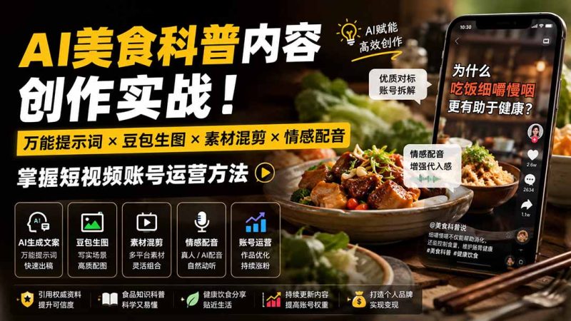 外面卖199元-AI美食科普内容创作实战!万能提示词×豆包生图×素材混剪×情感配音,掌握短视频账号运营方法 - 中创网