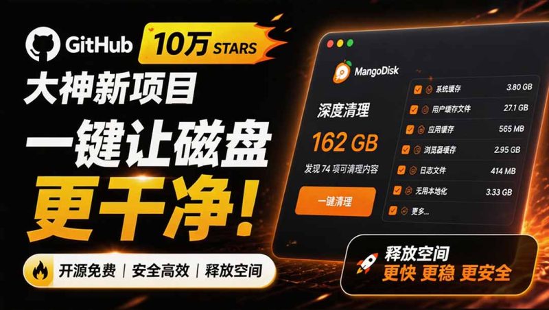 在Gtihub上做出10万 stars 的大神,又发布新项目了!一键让磁盘更干净,开源免费清理工具 MangoDisk-紫橙项目网