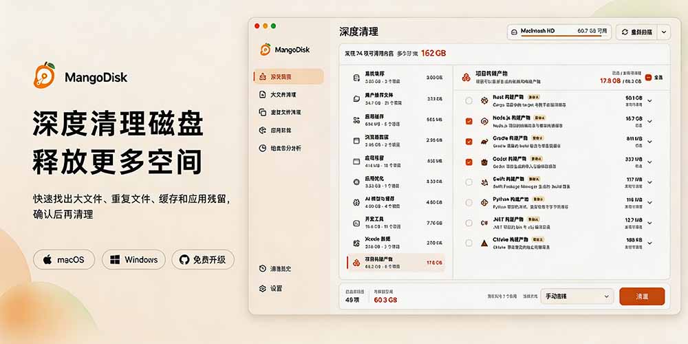 在Gtihub上做出10万 stars 的大神，又发布新项目了！一键让磁盘更干净，开源免费清理工具 MangoDisk