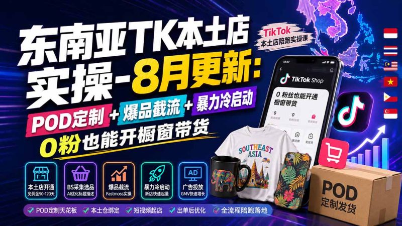 东南亚TK本土店实操-8月更新:POD定制+爆品截流+暴力冷启动,0粉也能开橱窗带货-紫橙项目网